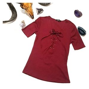 Maroon Red Lace Up Tshirt Vintage Look Biker